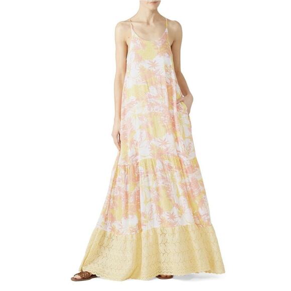PARADISED AIDA Sunset Tropical Palm Floral Print Sleeveless Tiered Maxi Dress S - Picture 1 of 10